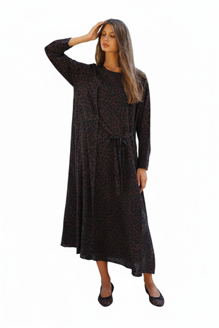 NOİ MAROKEN LEOPARLI ÖNDEN BAĞLAMALI ELBİSE