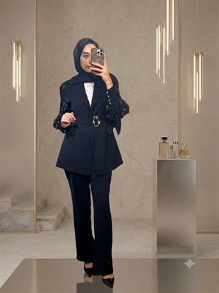 NURE KOLLARI PUL PAYETLİ CEKET PANTOLON TAKIM