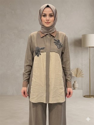 NURE RENK GEÇİŞLİ GÜPÜR APLİK PANTOLONLU TAKIM