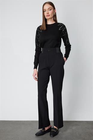 On Beli Kalın Lastikli İspanyol Paça Pantolon