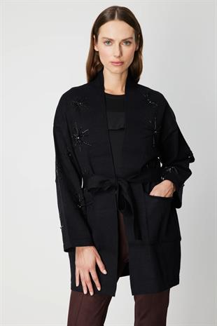 On Fashion Beli Kuşaklı Taş İşlemeli Hırka