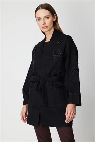 On Fashion Beli Kuşaklı Taş İşlemeli Hırka