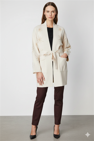 On Fashion Beli Kuşaklı Taş İşlemeli Hırka