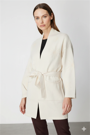 On Fashion Beli Kuşaklı Taş İşlemeli Hırka
