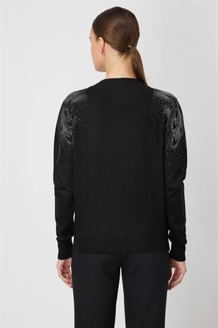 On Fashion Sıfır Yaka Omuzları Taşlı Triko Kazak