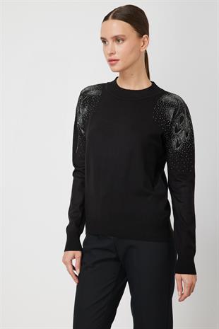On Fashion Sıfır Yaka Omuzları Taşlı Triko Kazak