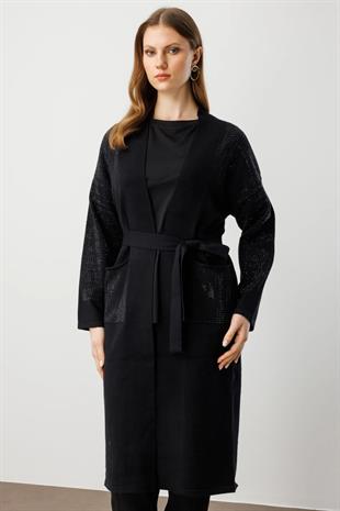 On Fashion Taş İşlemeli Kuşaklı Uzun Hırka