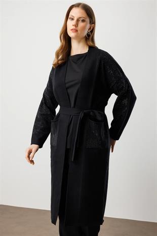 On Fashion Taş İşlemeli Kuşaklı Uzun Hırka