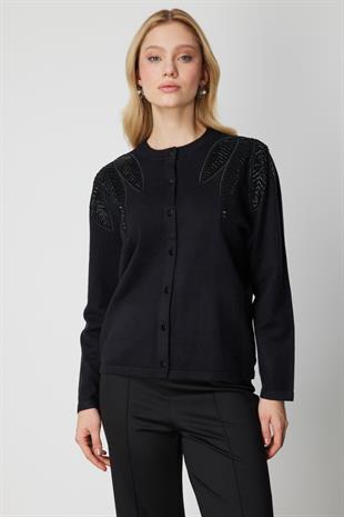 On Fashion Taşlı Desenli Triko Hırka