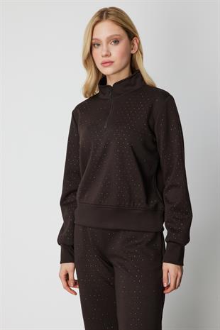 On Fashion Yakası Fermuarlı Taşlı Eşofman Üstü