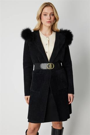 On Fashion Yakası Kürklü Peluş Hırka