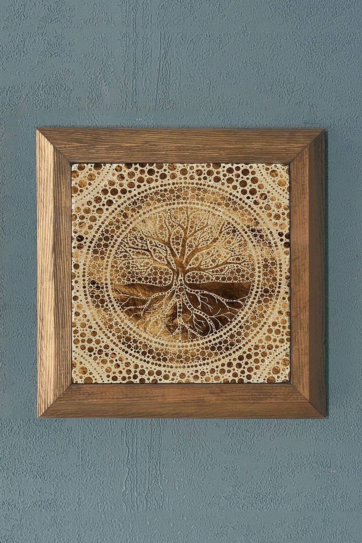 Hayat Ağacı Masif Çerçeveli Taş Tablo-Wall Decor- Oscar Stone Decor 28X28 CM