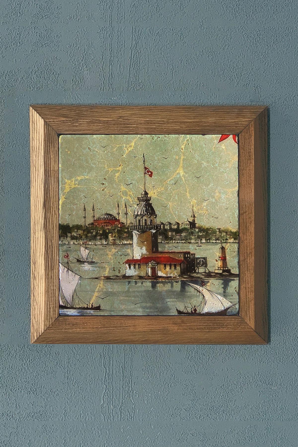 KIZ KULESİ İSTANBUL TEMALI-Masif Çerçeveli Taş Tablo-Wall Decor- Oscar Stone Decor 28X28 CM