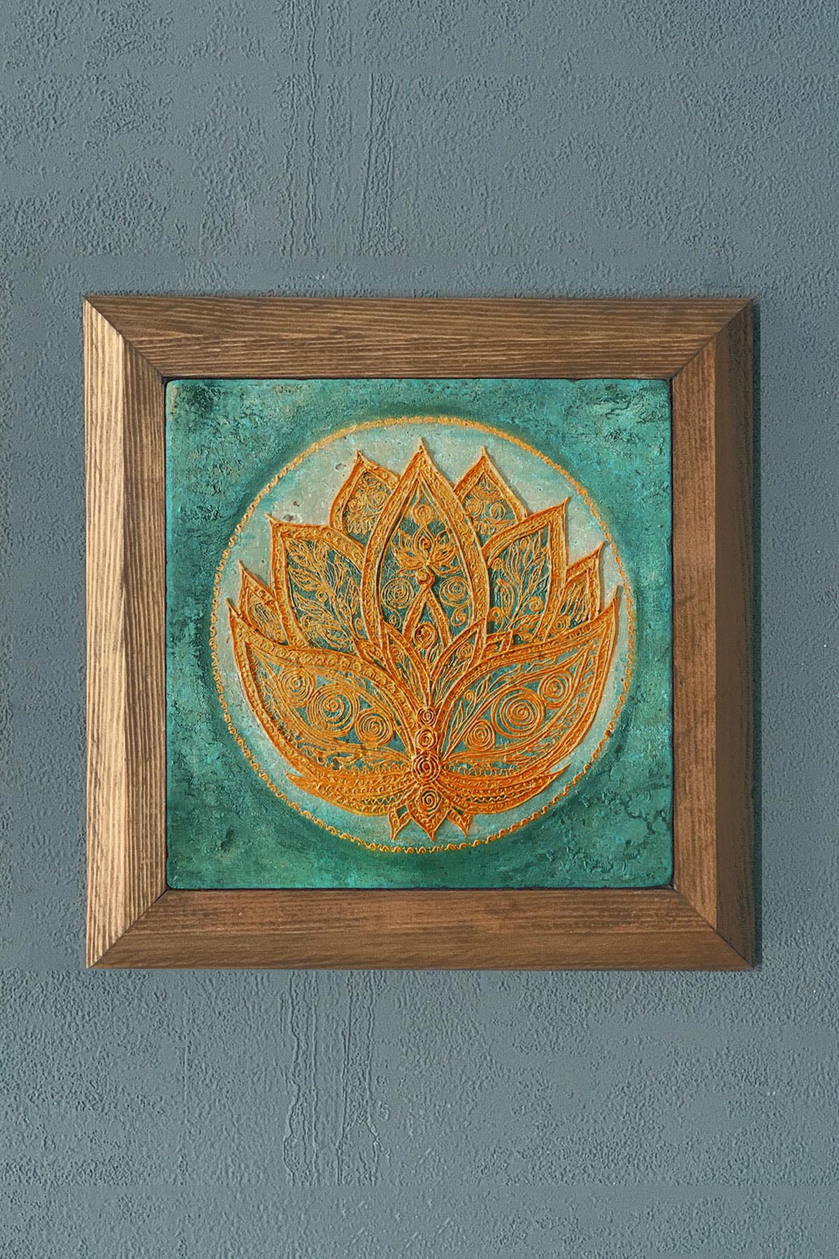 Lotus Çiçeği Mistik-Masif Çerçeveli Taş Tablo-Duvar Dekoru- Oscar Stone Decor 28X28 CM