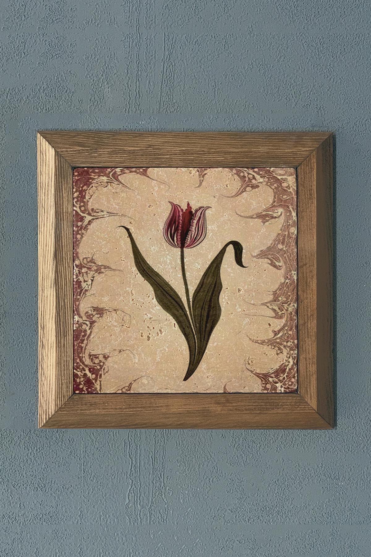 Masif Çerçeveli Ebruli Çiçek Doğaltaş Tablo Oscar Stone Decor 28x28 cm