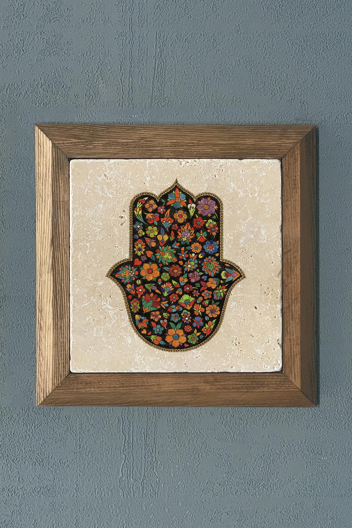 Masif Çerçeveli Fatma Ana Eli (Bereket Nazar) Doğaltaş Tablo Pano Oscar Stone Decor 28X28 CM