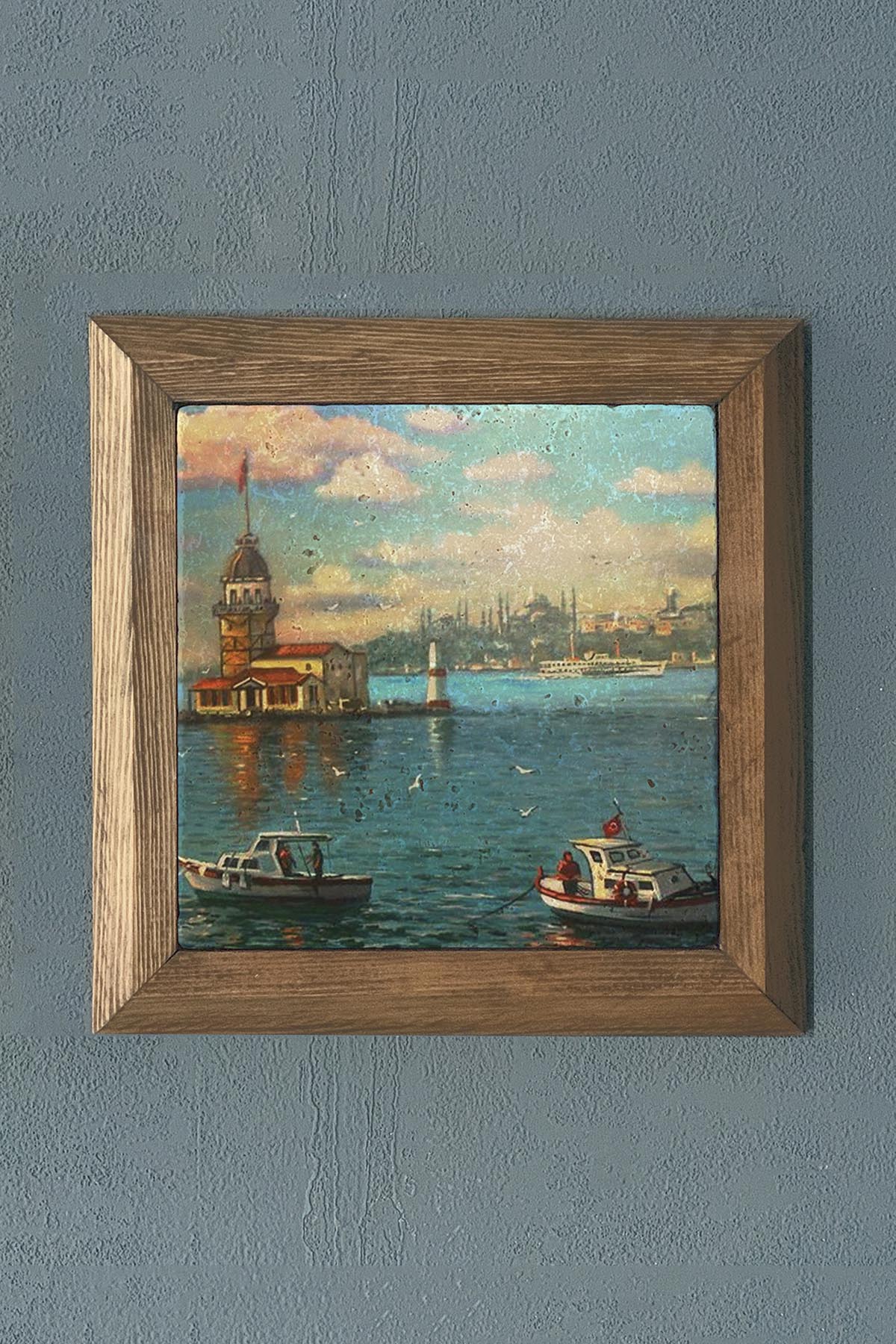 Masif Çerçeveli İstanbul Kız Kulesi Doğaltaş Tablo Pano Oscar Stone Decor 28X28 CM