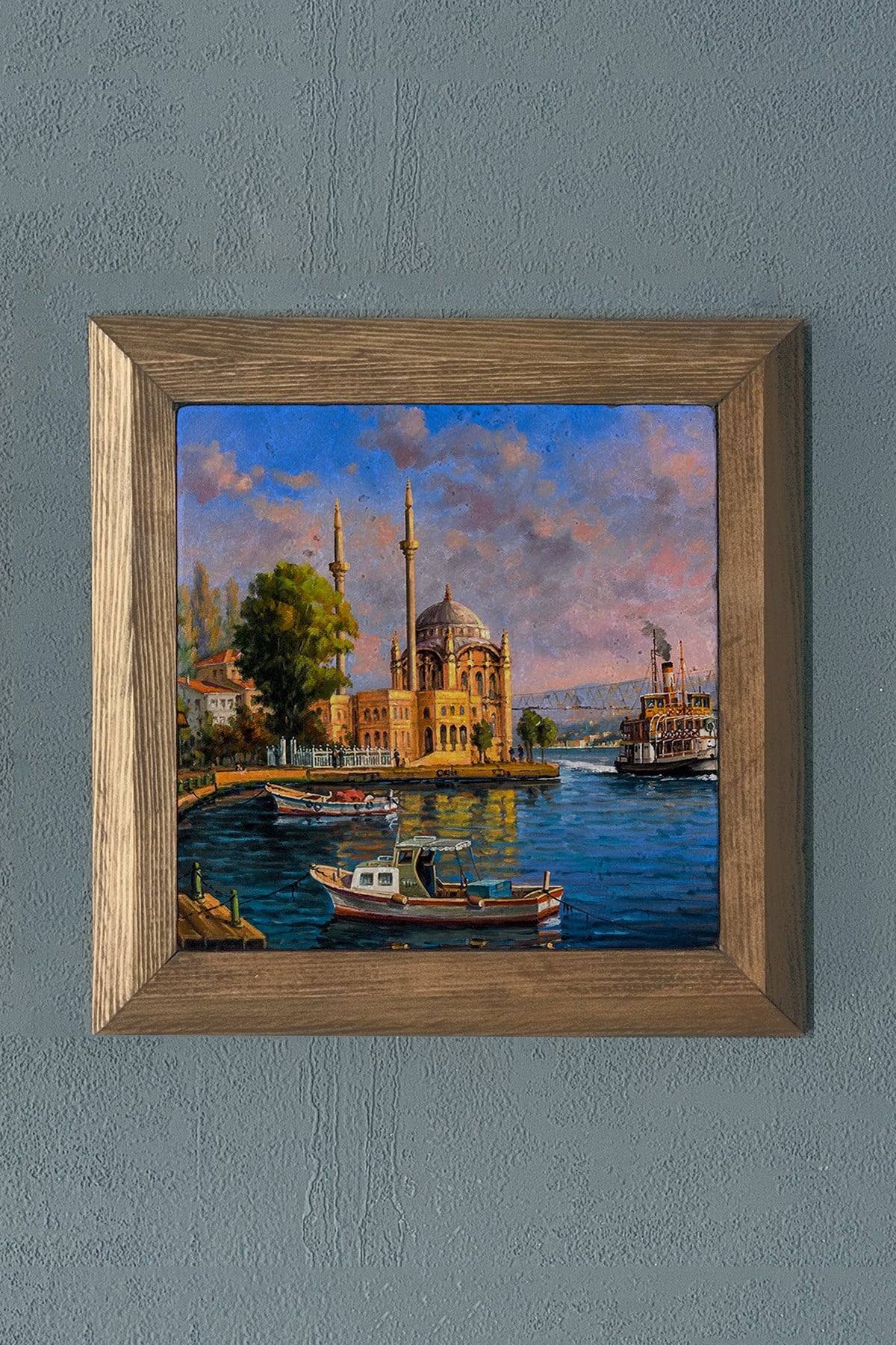 Masif Çerçeveli İstanbul Ortaköy Cami Doğaltaş Tablo Pano Oscar Stone Decor 28X28 CM