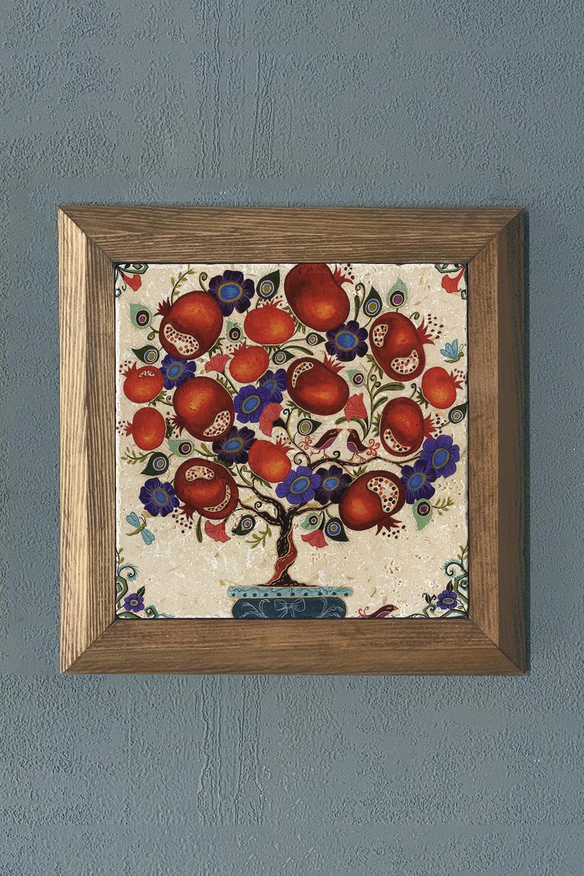 Masif Çerçeveli Nar Ağacı (Bereket) Doğaltaş Tablo Pano Oscar Stone Decor 28X28 CM