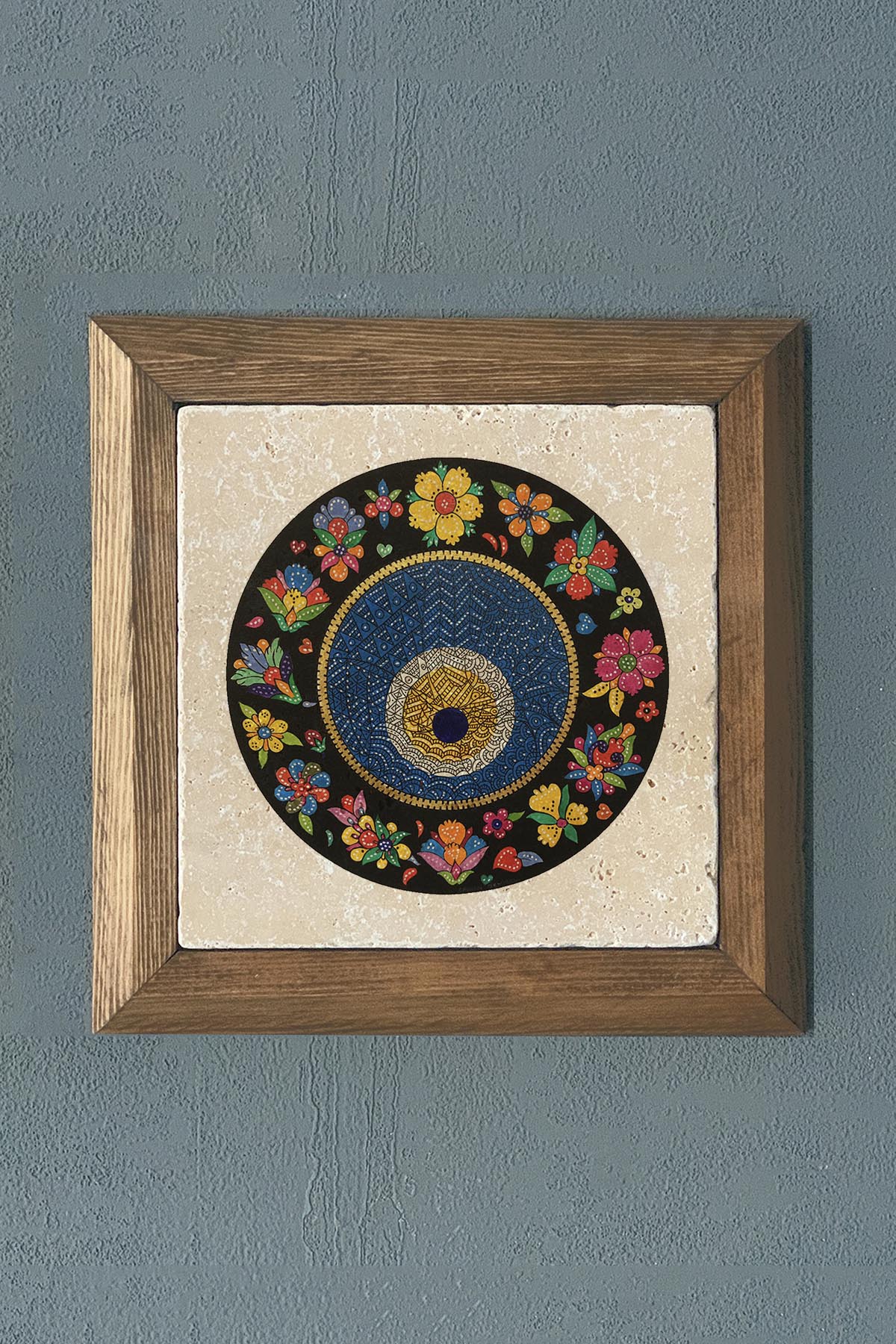 Masif Çerçeveli Nazar Boncuğu Doğaltaş Tablo Oscar Stone Decor 28x28 cm