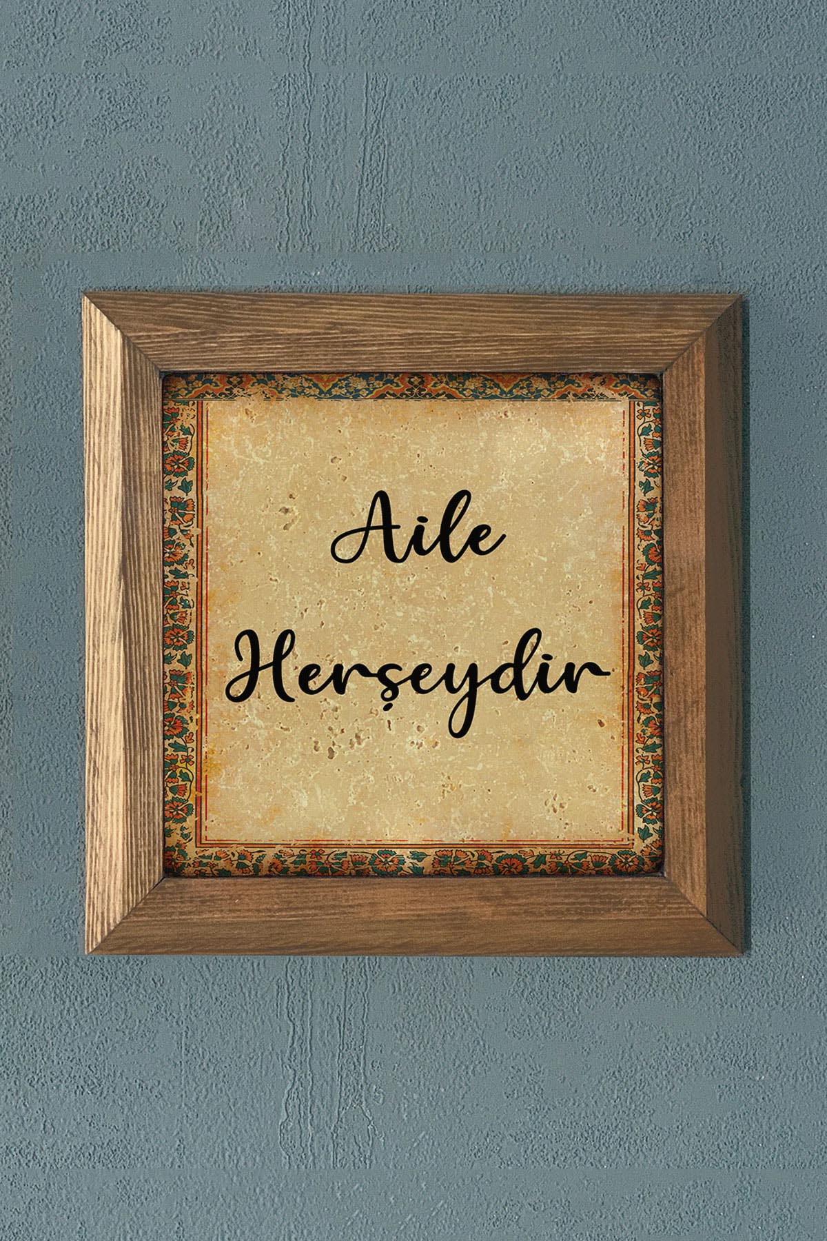 Masif Çerçeveli Taş Tablo-Aile herşeydir-Duvar Dekoru- Oscar Stone Decor 28X28 CM