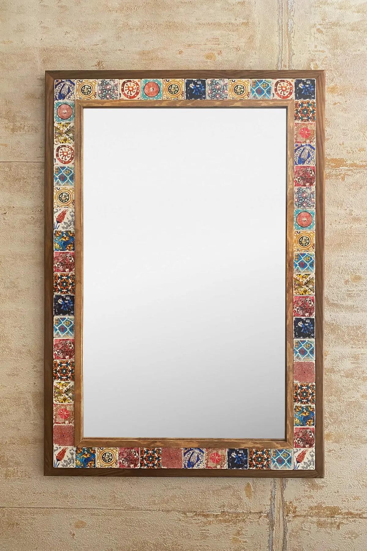 OSCAR STONE DECOR AHŞAP ÇERÇEVELİ MOZAİK TAŞ (MERMER) AYNA 63X93 CM SERAMİK ESKİTME ÇİNİ DESENLİ