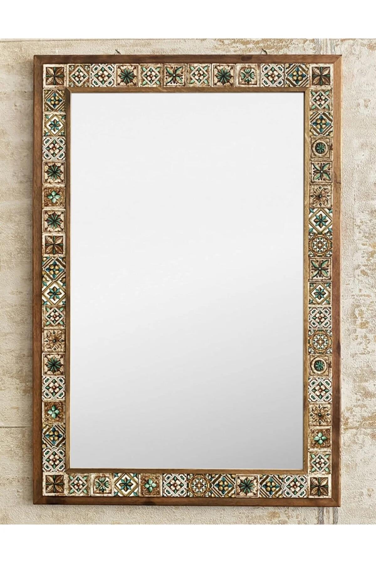 OSCAR STONE DECOR AHŞAP ÇERÇEVELİ MOZAİK TAŞ (MERMER) AYNA 63X93 CM SERAMİK DESENLİ KAHVERENGİ