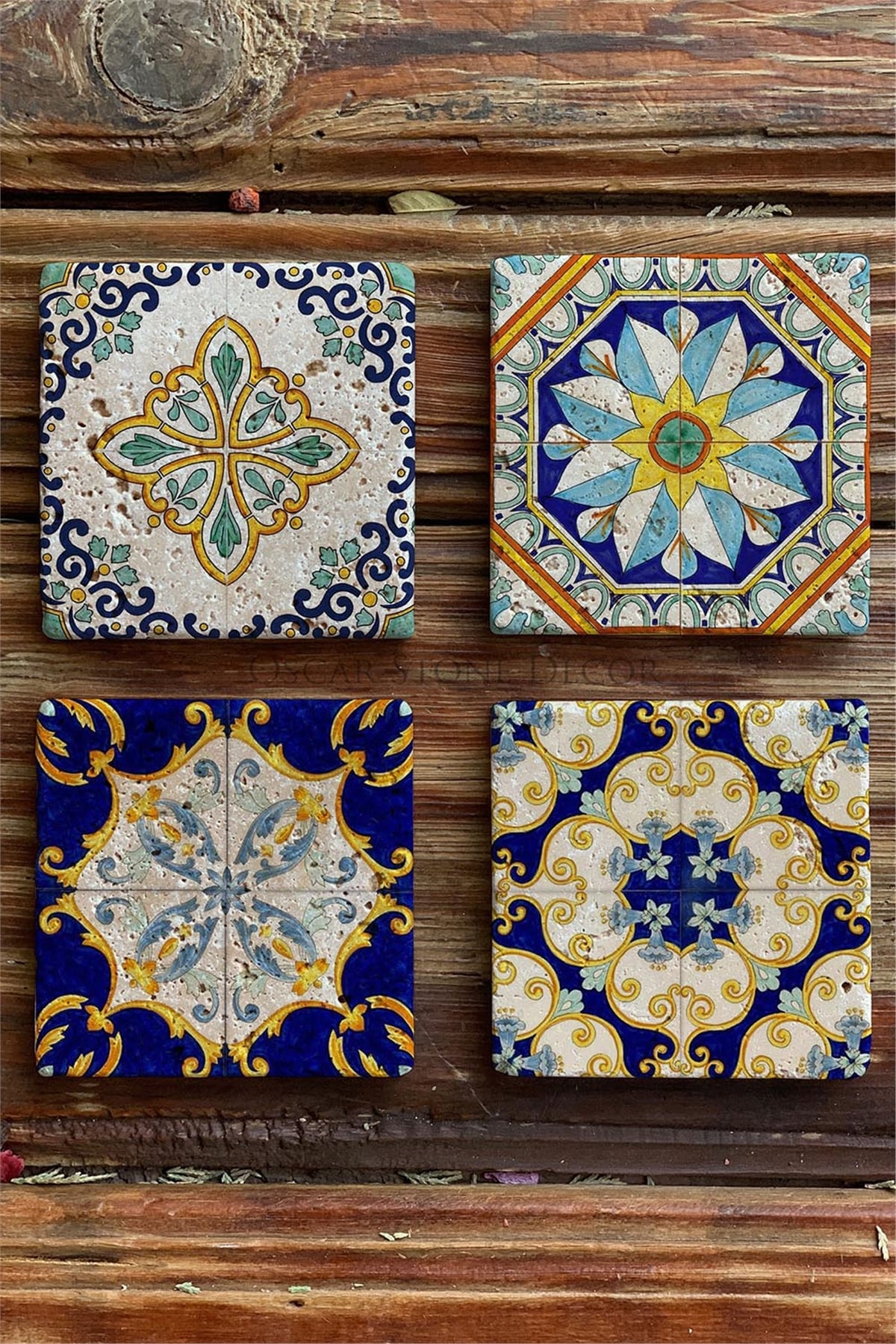 Oscar Stone Decor Baskılı Doğaltaş Bardak Altlığı 4'lü Set Majalica Desen Tile