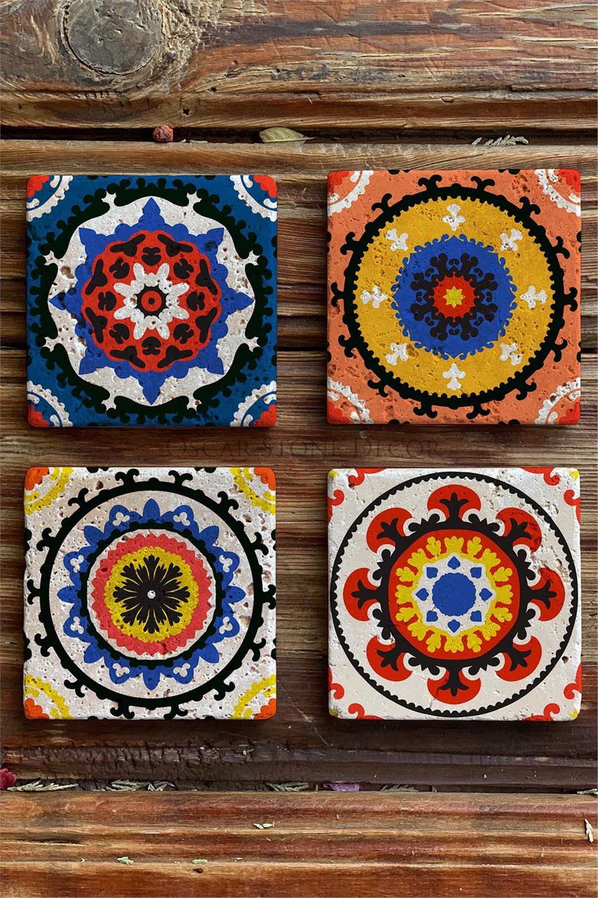 Oscar Stone Decor Baskılı Doğaltaş Bardak Altlığı 4'lü Set suzani Desen Tile