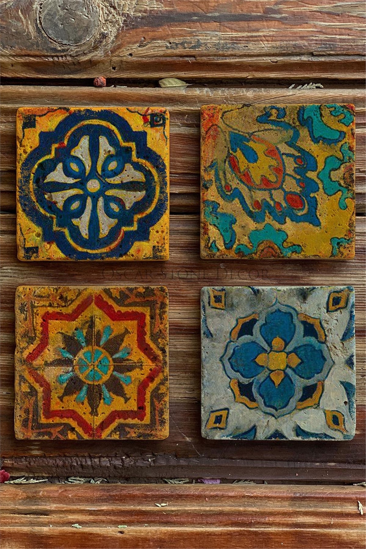 Oscar Stone Decor Baskılı Doğaltaş Bardak Altlığı 4'lü Set Desen Tile