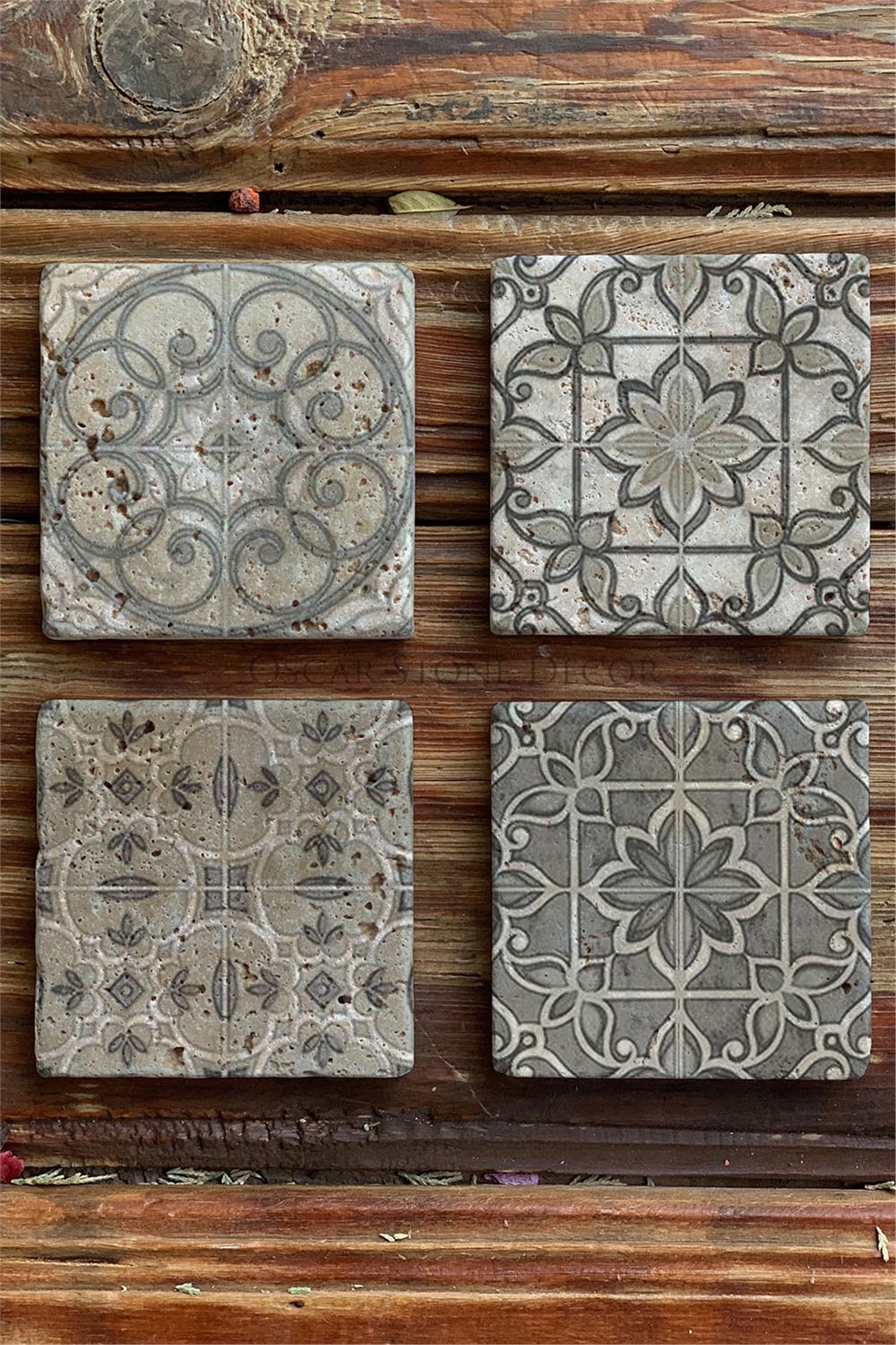 Oscar Stone Decor Baskılı Doğaltaş Bardak Altlığı 4'lü Set Desen Tile