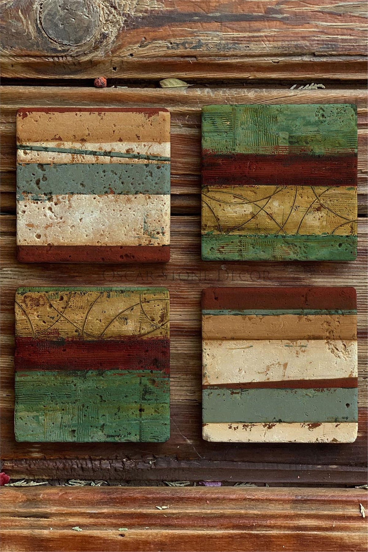 Oscar Stone Decor Baskılı Doğaltaş Bardak Altlığı 4'lü Set Desen Tile