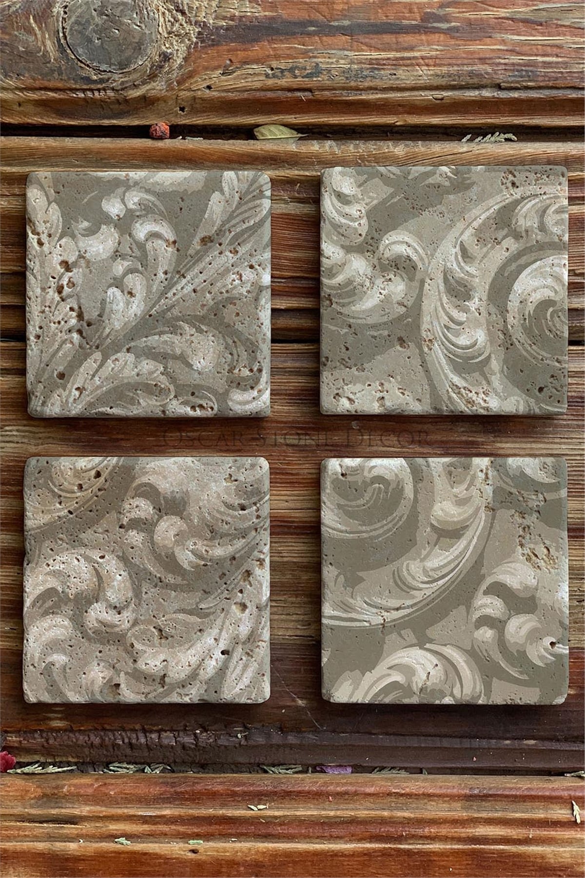 Oscar Stone Decor Baskılı Doğaltaş Bardak Altlığı 4'lü Set Desen Tile