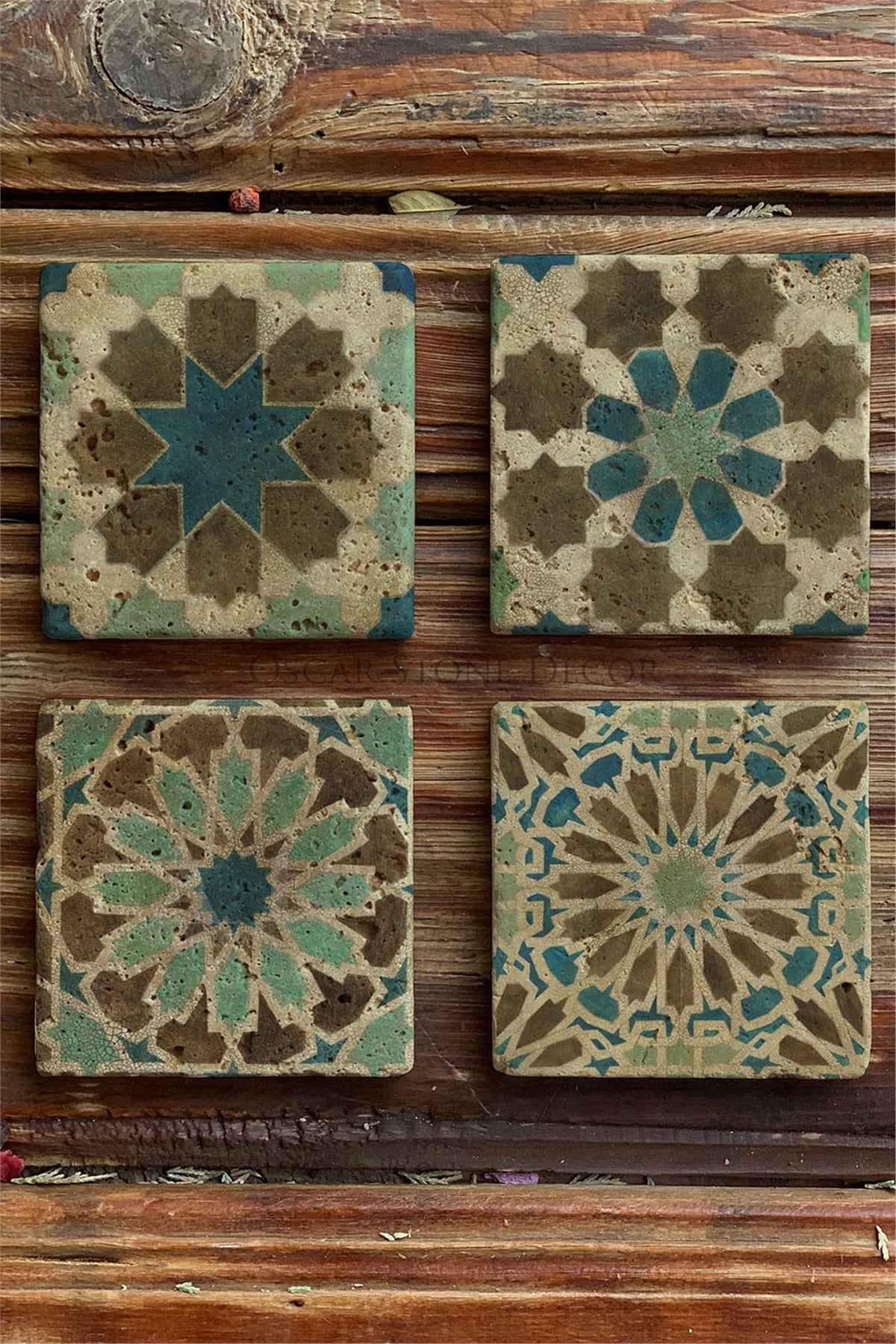 Oscar Stone Decor Baskılı Doğaltaş Bardak Altlığı 4'lü Set Desen Tile