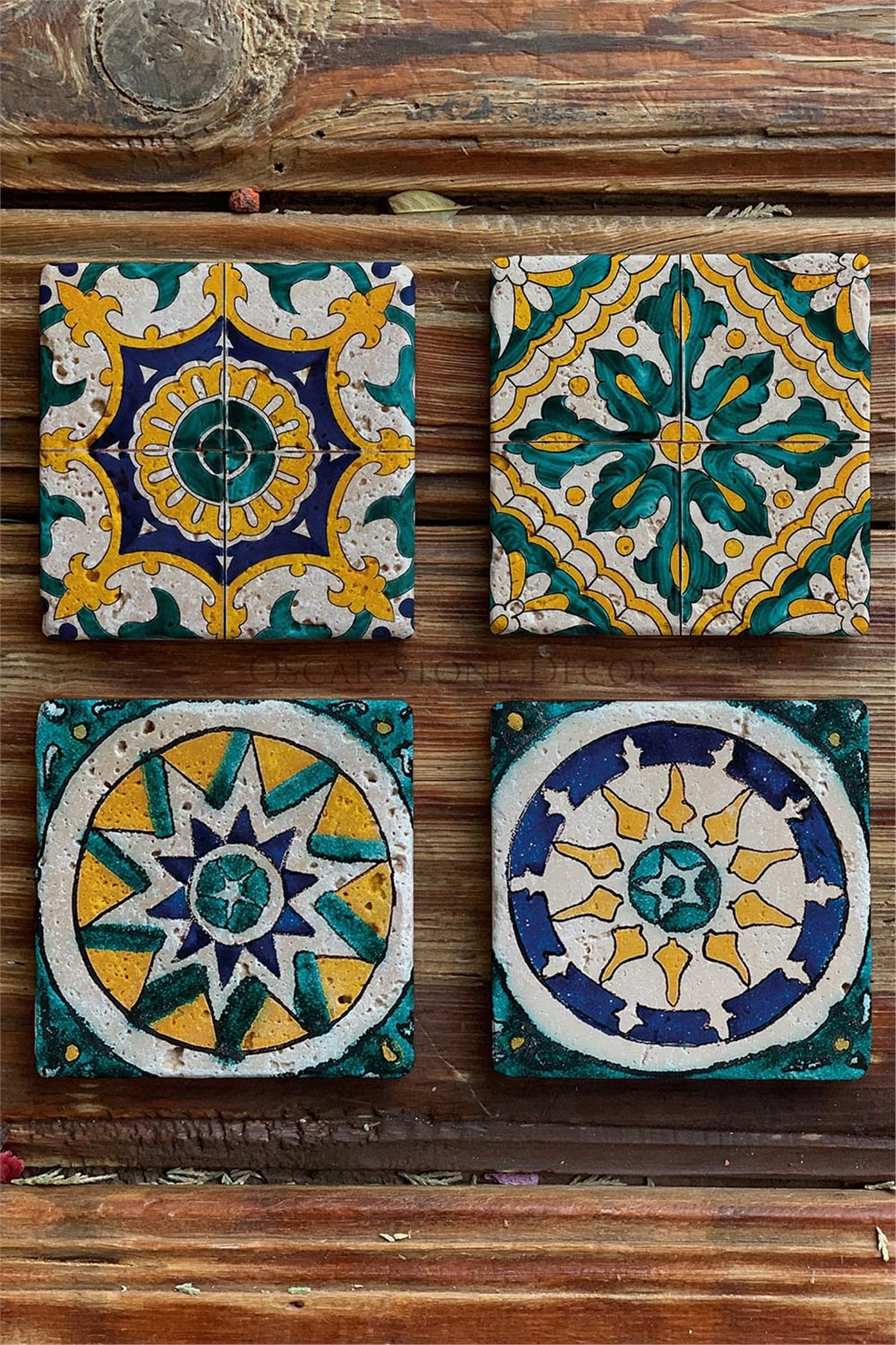 Oscar Stone Decor Baskılı Doğaltaş Bardak Altlığı 4'lü Set Desen Tile