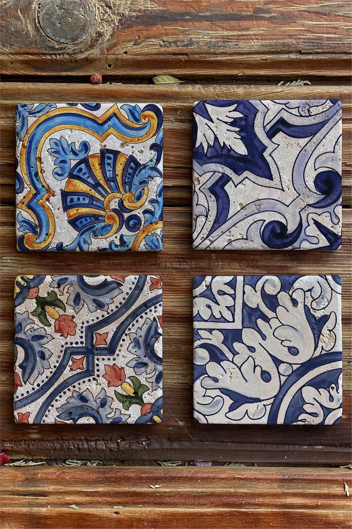 Oscar Stone Decor Baskılı Doğaltaş Bardak Altlığı 4'lü Set Desen Tile