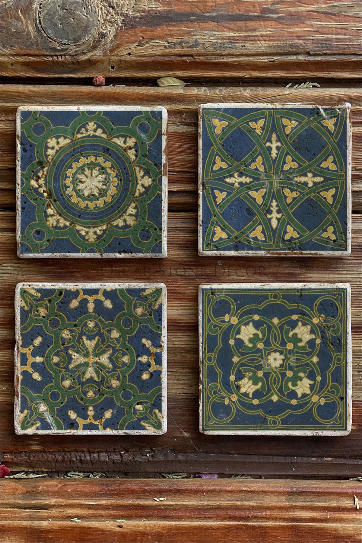 Oscar Stone Decor Baskılı Doğaltaş Bardak Altlığı 4'lü Set Desen Tile