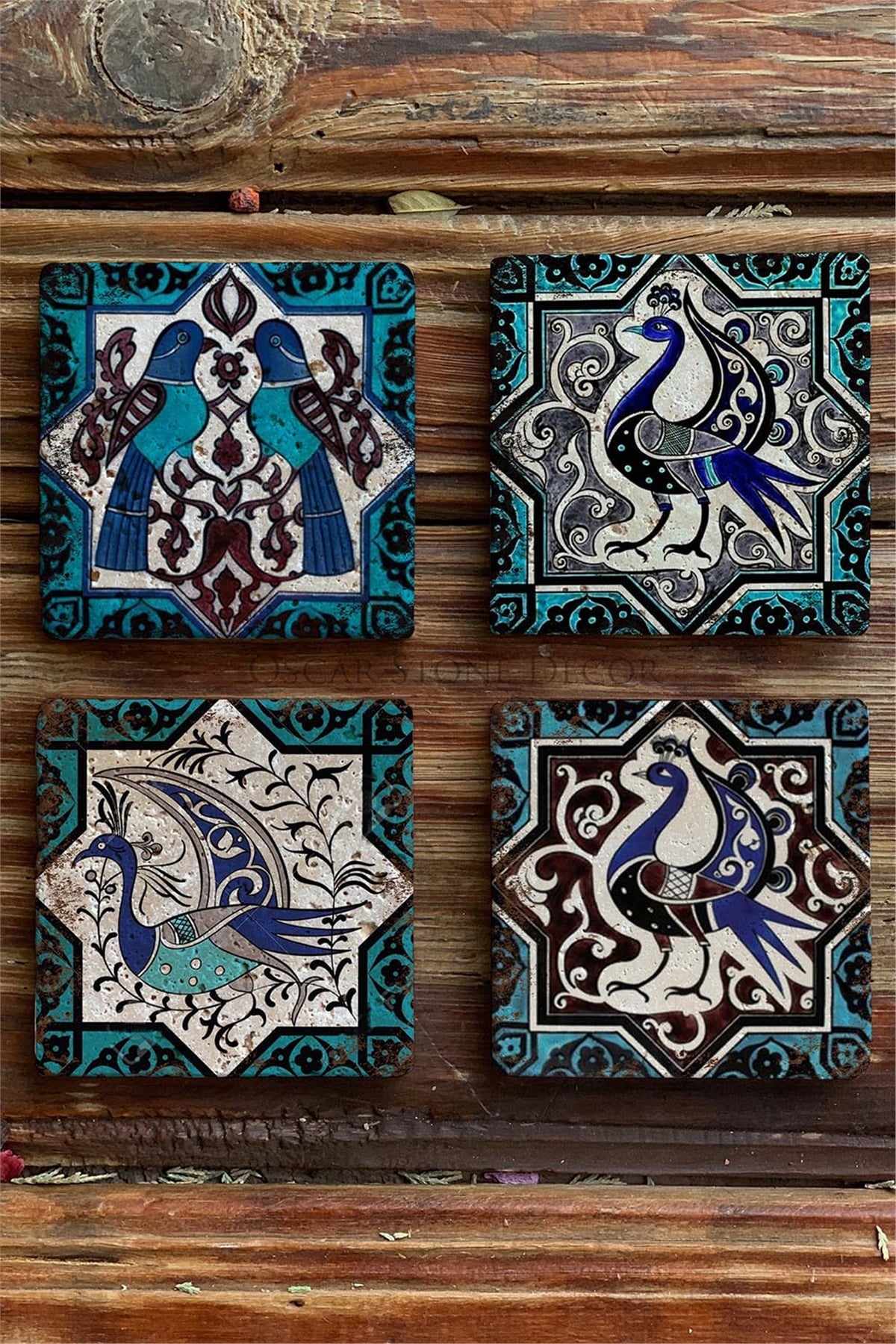 Oscar Stone Decor Baskılı Doğaltaş Bardak Altlığı 4'lü Set Desen Tile