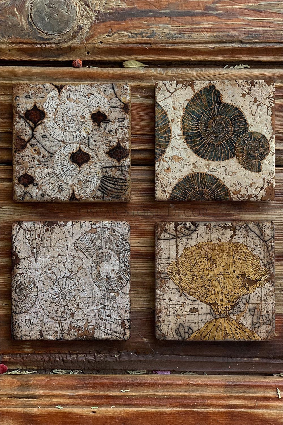 Oscar Stone Decor Baskılı Doğaltaş Bardak Altlığı 4'lü Set Desen Tile