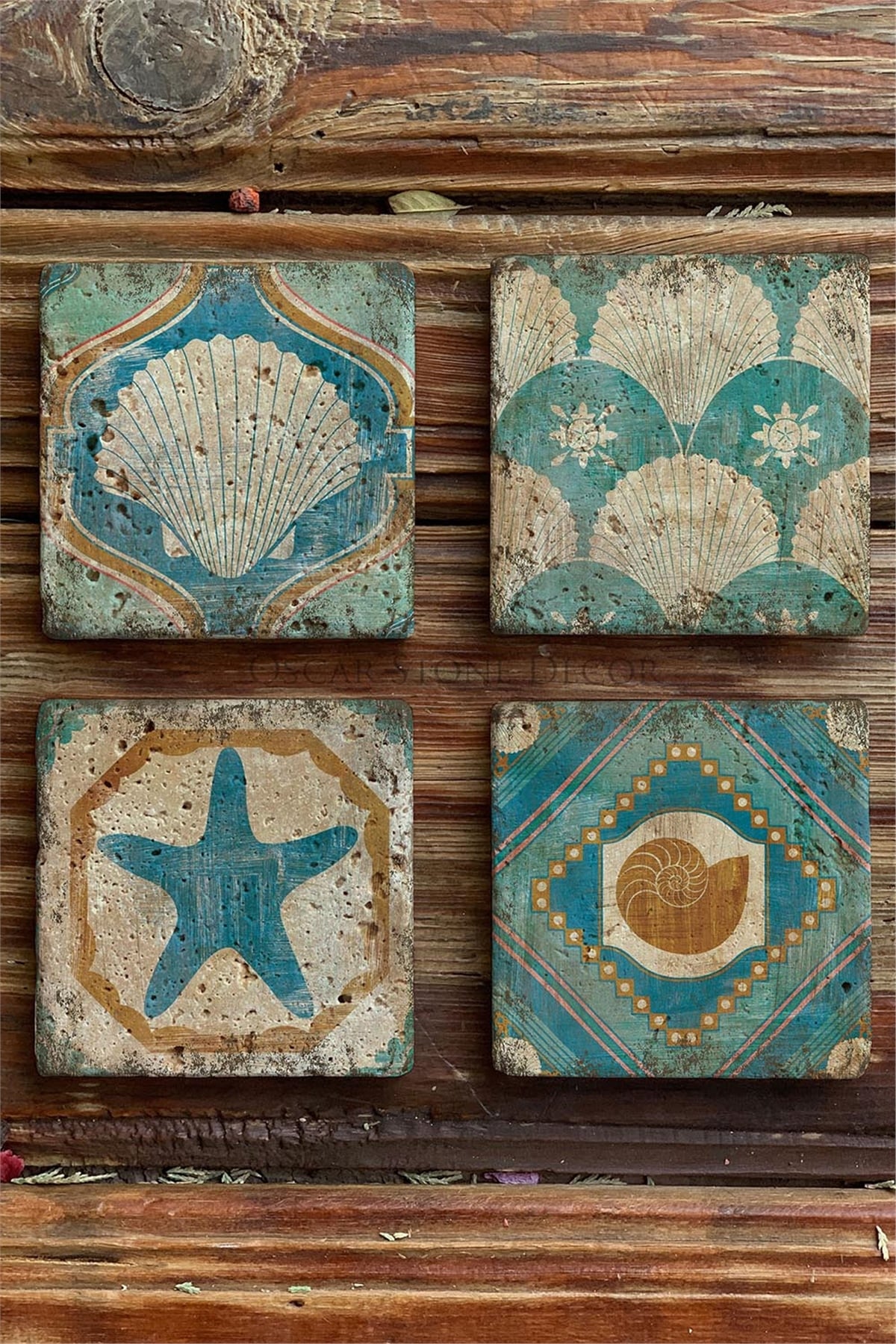 Oscar Stone Decor Baskılı Doğaltaş Bardak Altlığı 4'lü Set Desen Tile