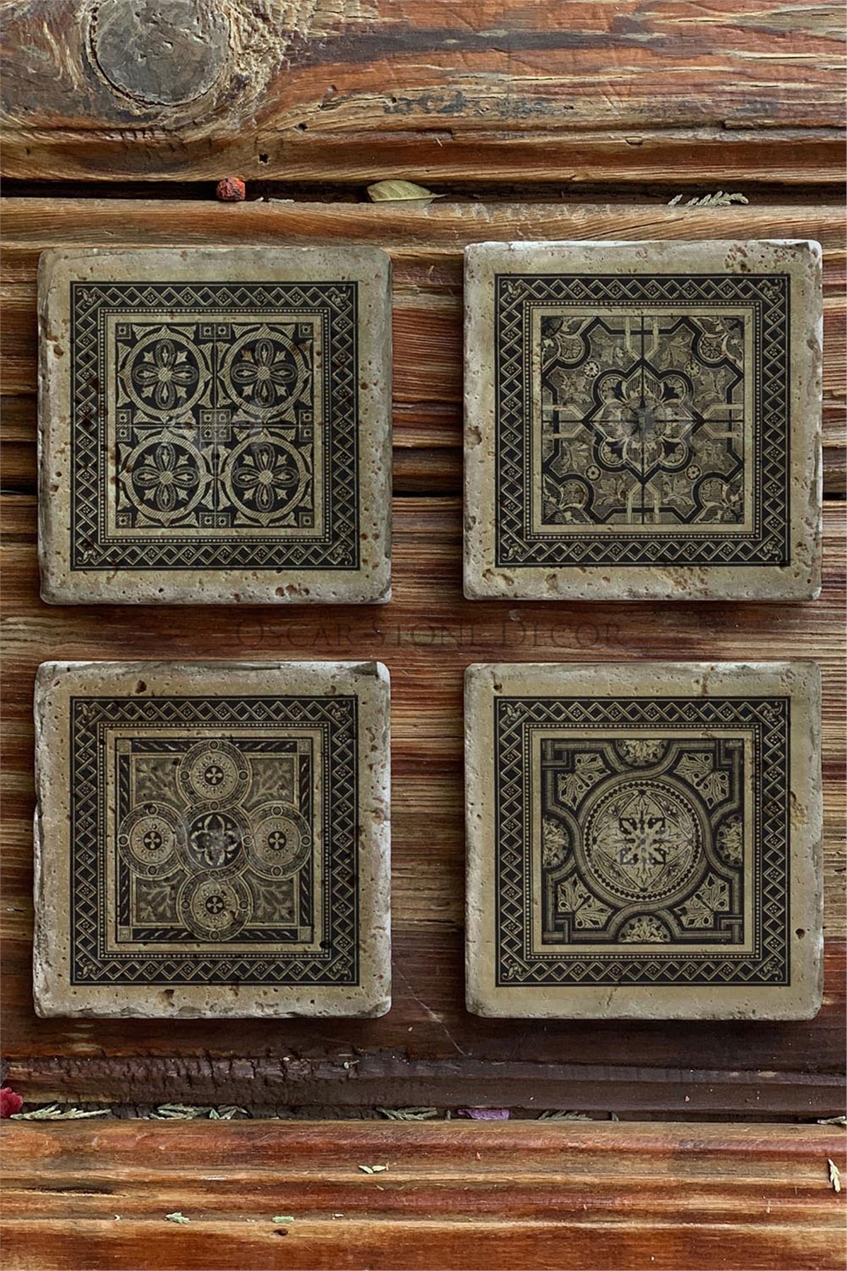 Oscar Stone Decor Baskılı Doğaltaş Bardak Altlığı 4'lü Set Desen Tile