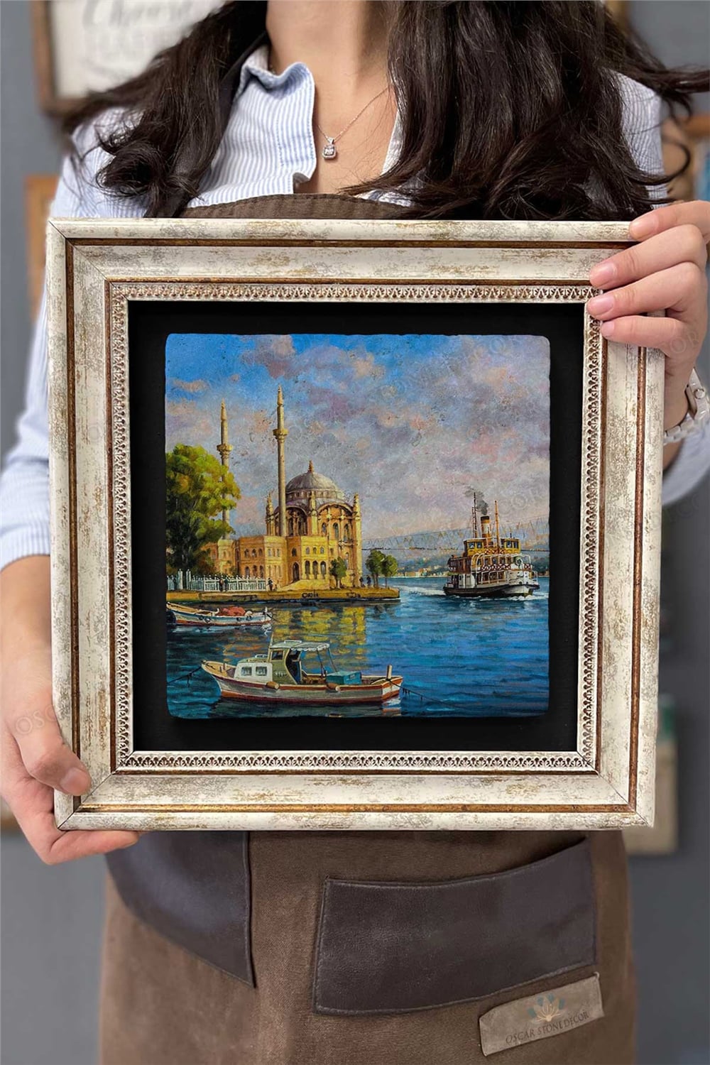 Oscar Stone Decor Çerçeveli Tablo Taş Duvar Dekoru 30 X 30 Cm Ortaköy Cami Çizimi Yağlı Boya