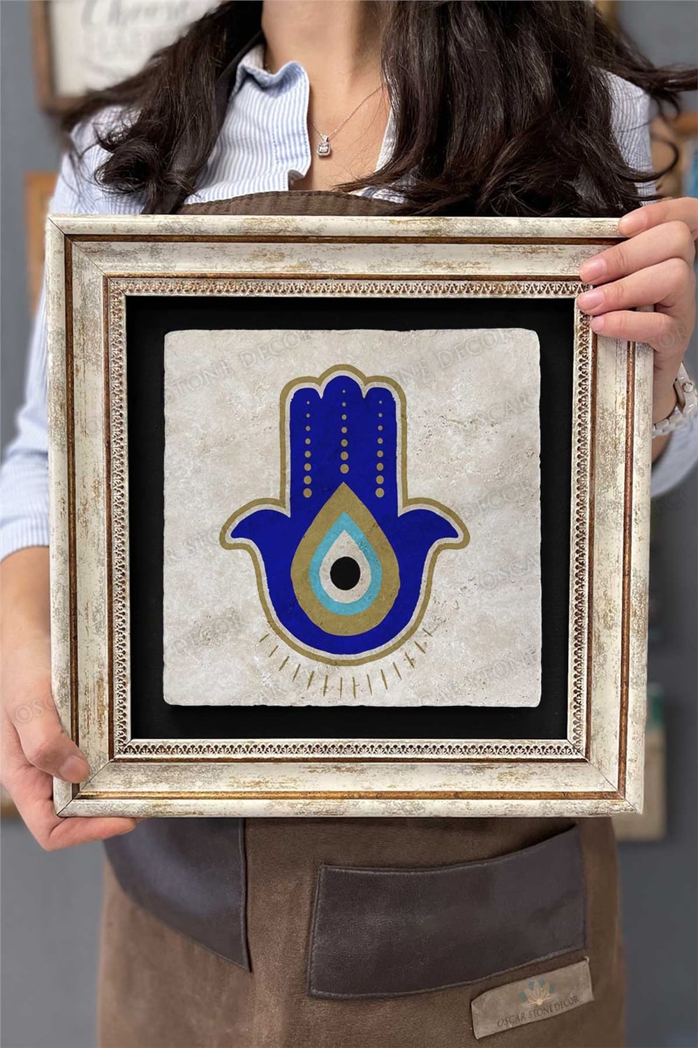 Oscar Stone Decor Çerçeveli Tablo Taş Duvar Dekoru 30 X 30 Cm Nazar Boncuğu Fatma Ana Eli Tablosu