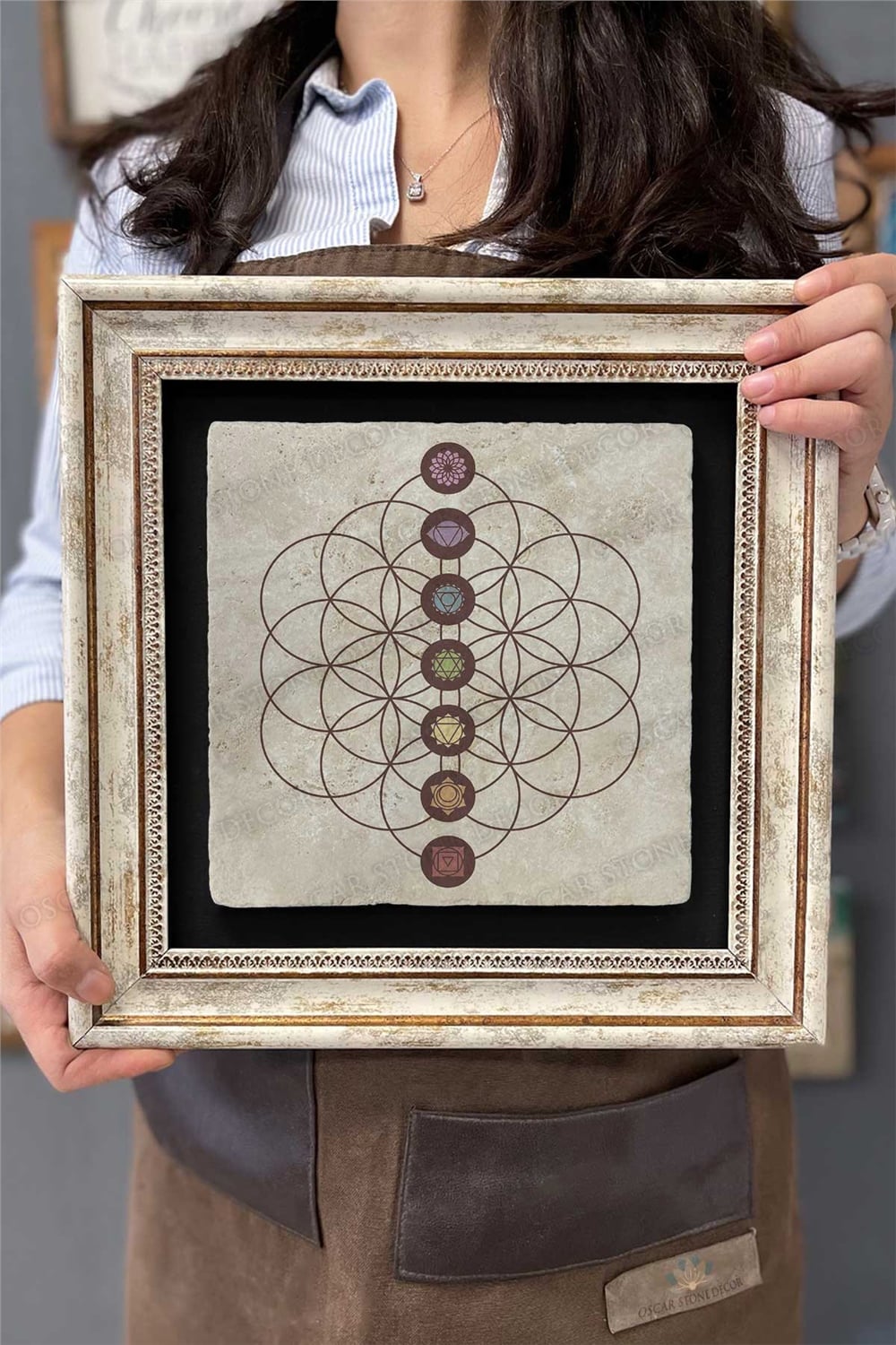 Oscar Stone Decor Çerçeveli Tablo Taş Duvar Dekoru 30 X 30 Cm Lotus Sri Yantra Yaşam Çiçeği