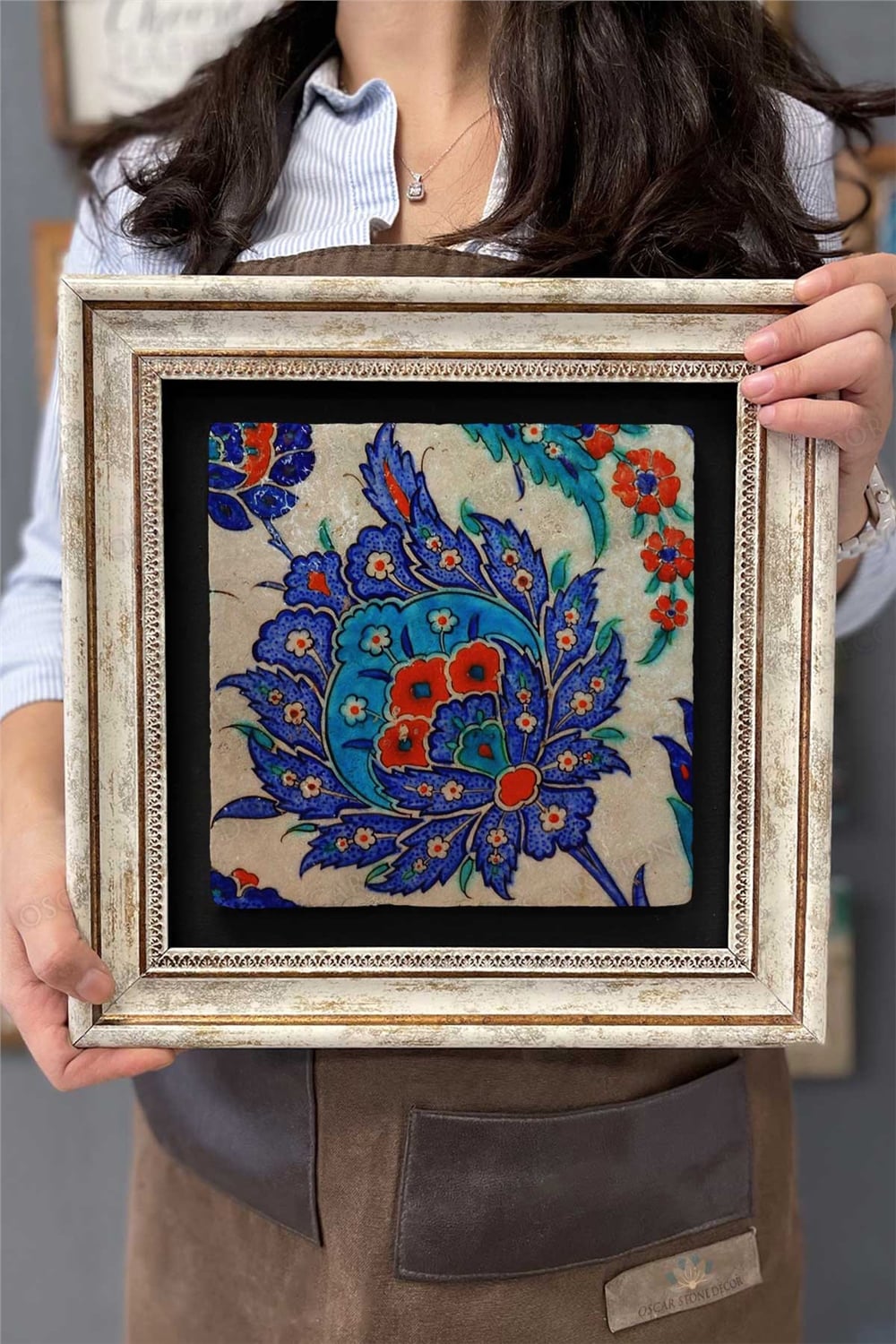 Oscar Stone Decor Çerçeveli Tablo Taş Duvar Dekoru 30 X 30 Cm Çini Seramik Desenli Mermer Tablo