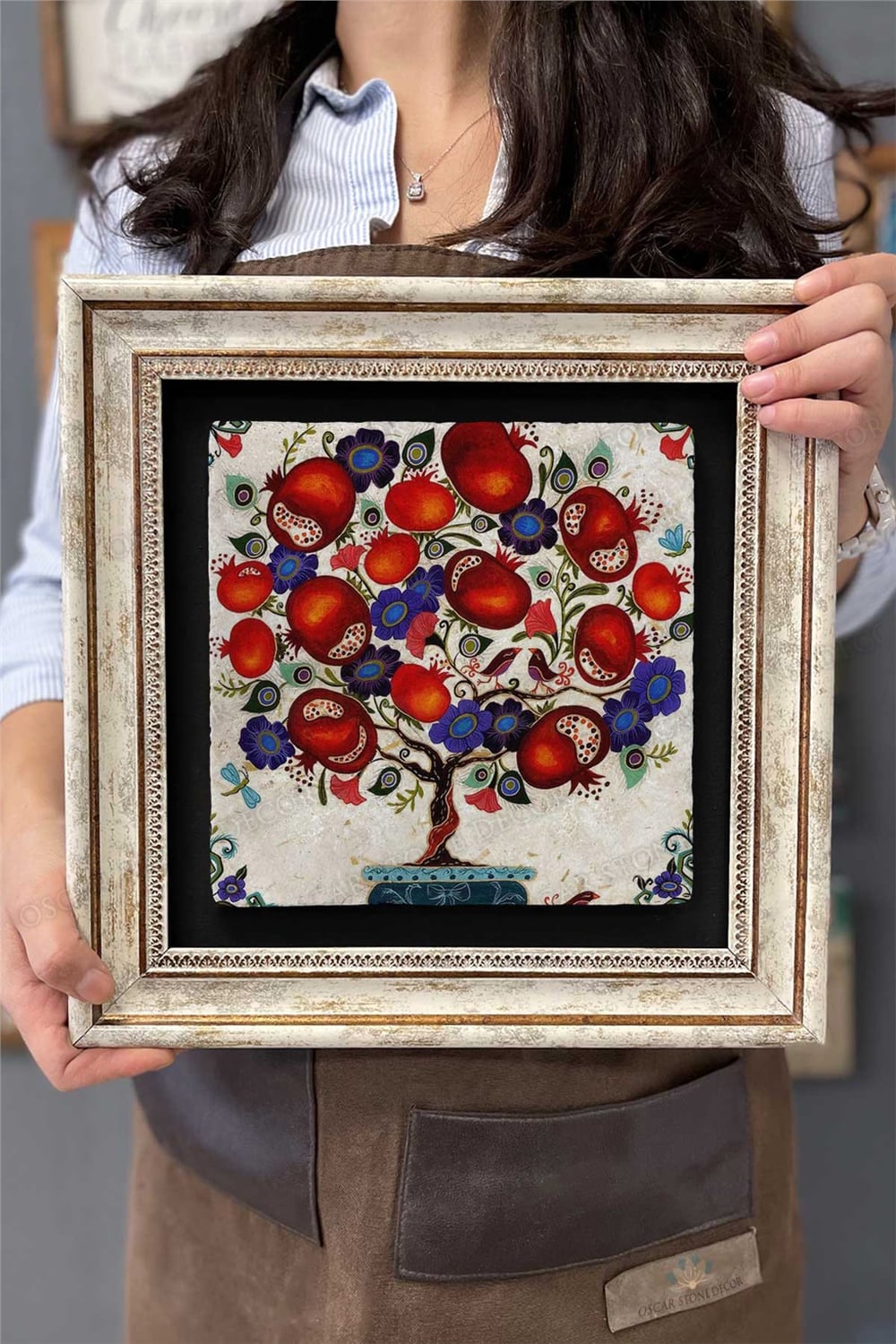 Oscar Stone Decor Çerçeveli Tablo Taş Duvar Dekoru 30 X 30 Cm Nar Ağacı / Bereket Temsili