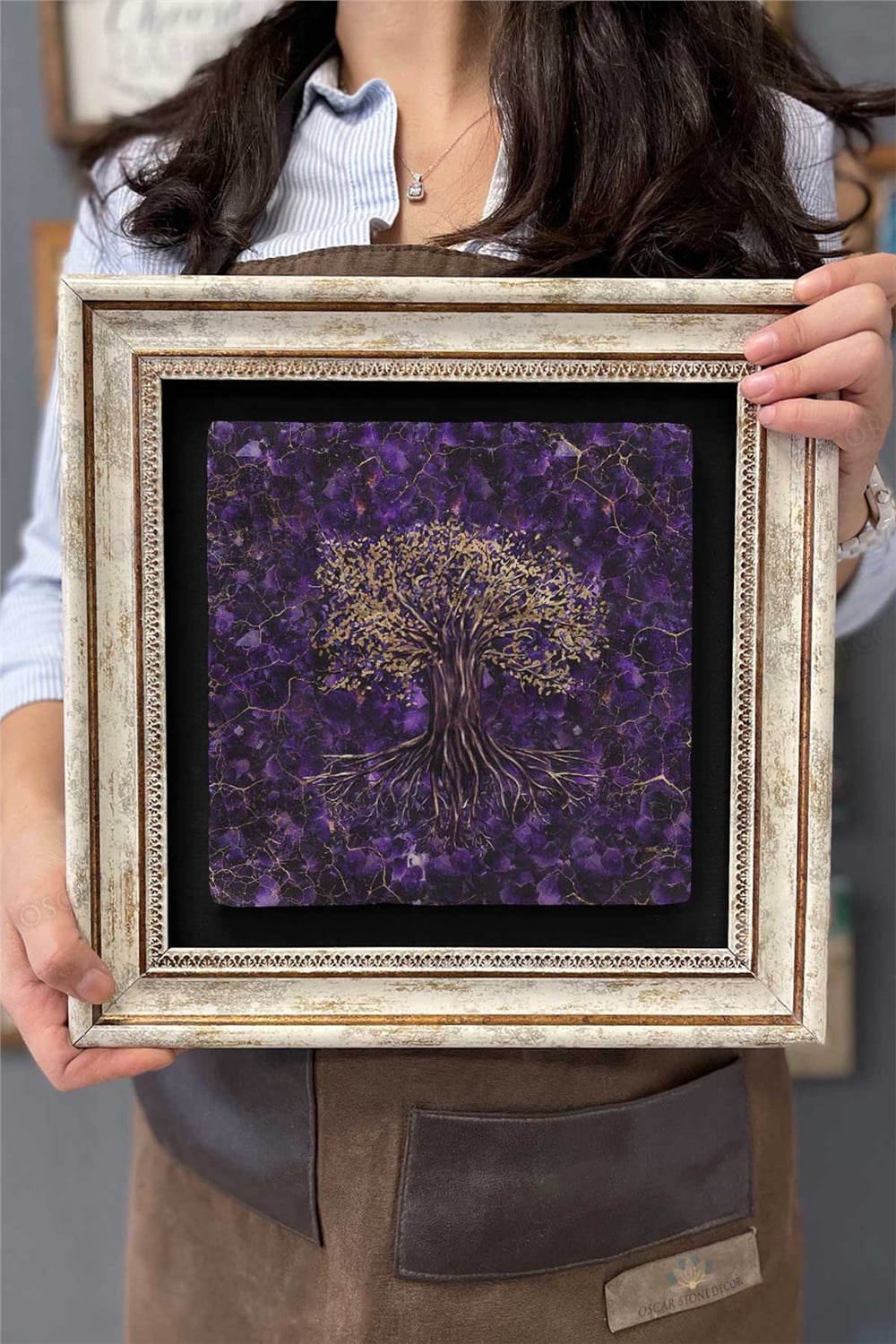 Oscar Stone Decor Çerçeveli Tablo Taş Duvar Dekoru 30 X 30 Cm Mor Hayat Ağacı