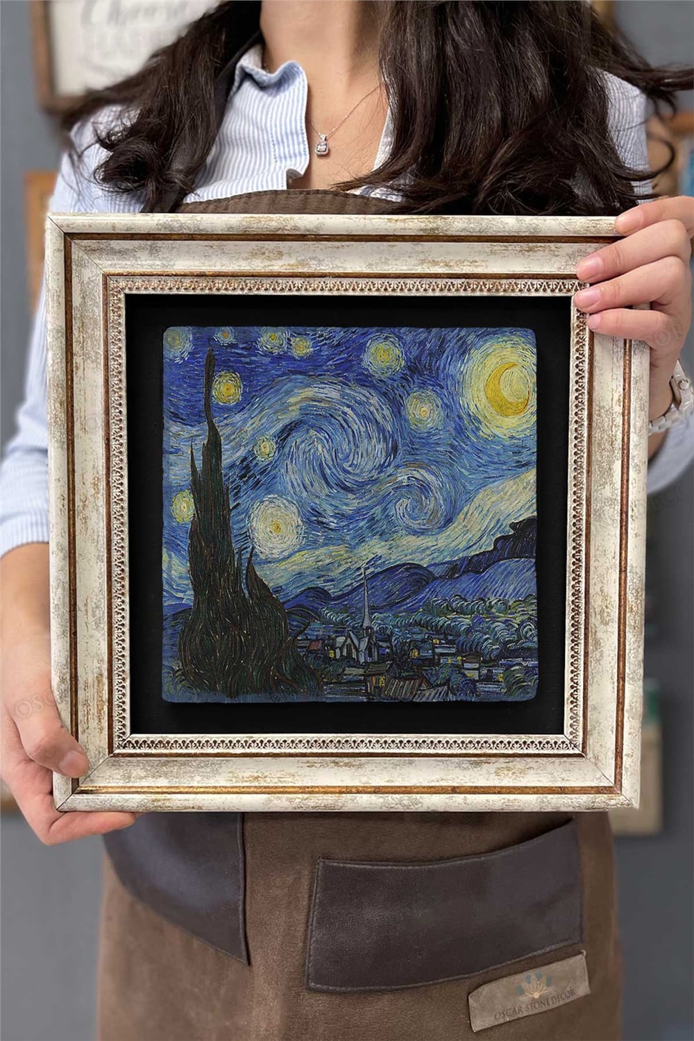 Oscar Stone Decor Çerçeveli Tablo Taş Duvar Dekoru 30 X 30 Cm Van Gogh Yıldızlı Gece