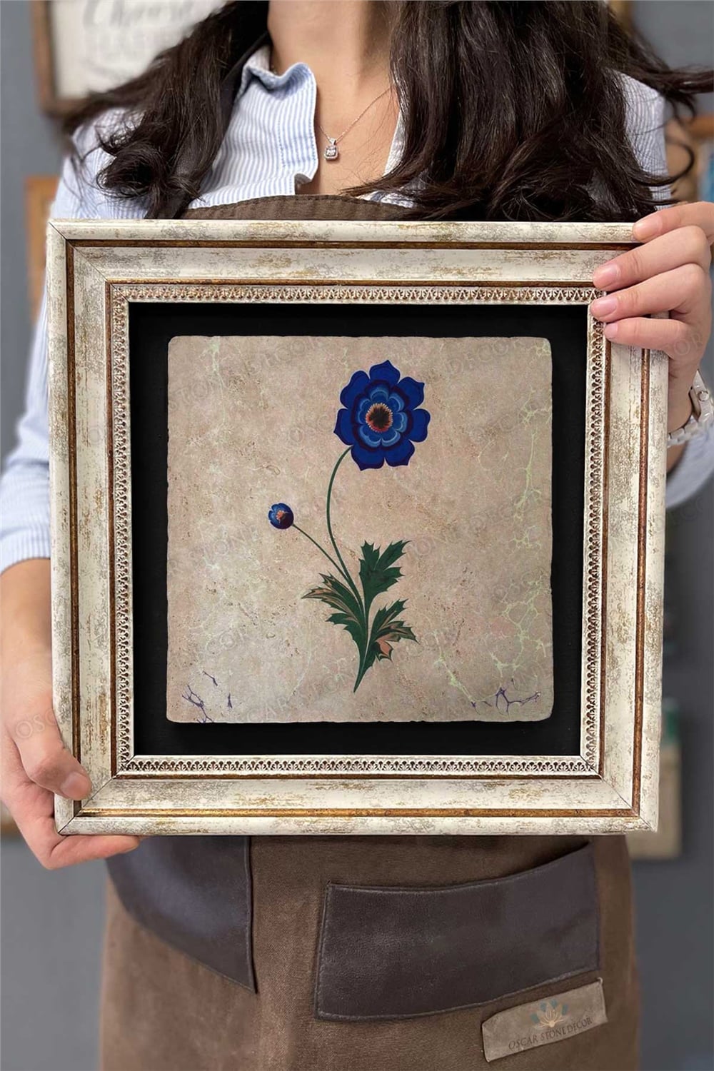 Oscar Stone Decor Çerçeveli Tablo Taş Duvar Dekoru 30 X 30 Cm Ebruli Çiçek Tasarım Tablo