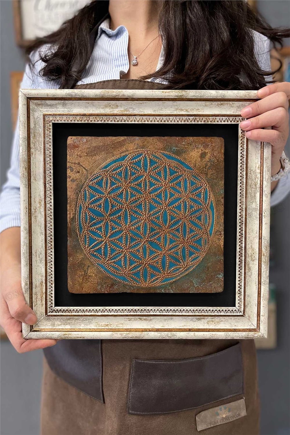 Oscar Stone Decor Çerçeveli Tablo Taş Duvar Dekoru 30 X 30 Cm Lotus Yaşam Çiçeği Sri Yantra